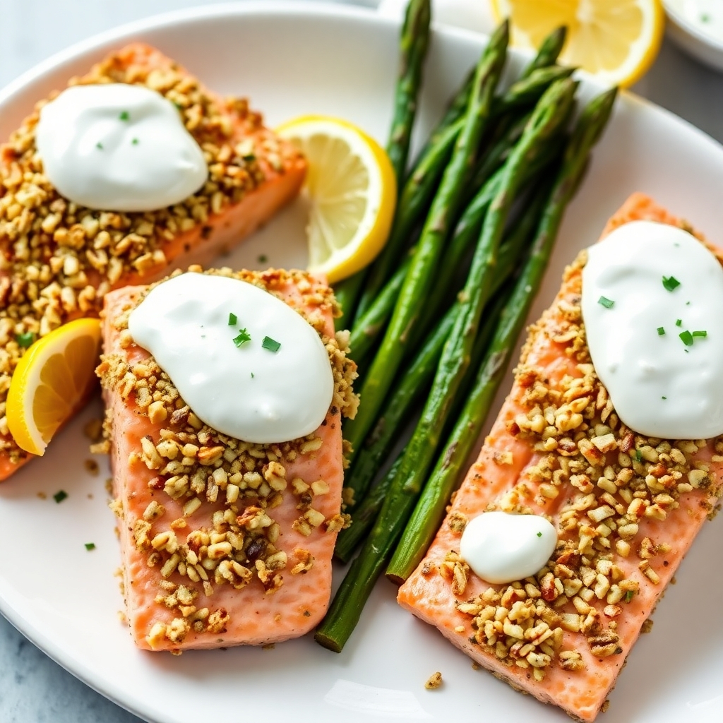 Walnut Crusted Salmon Herbed Yogurt Sauce