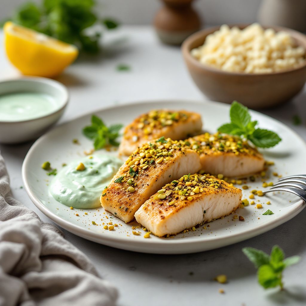 Pistachio-Crusted Trout Mint Yogurt Dressing