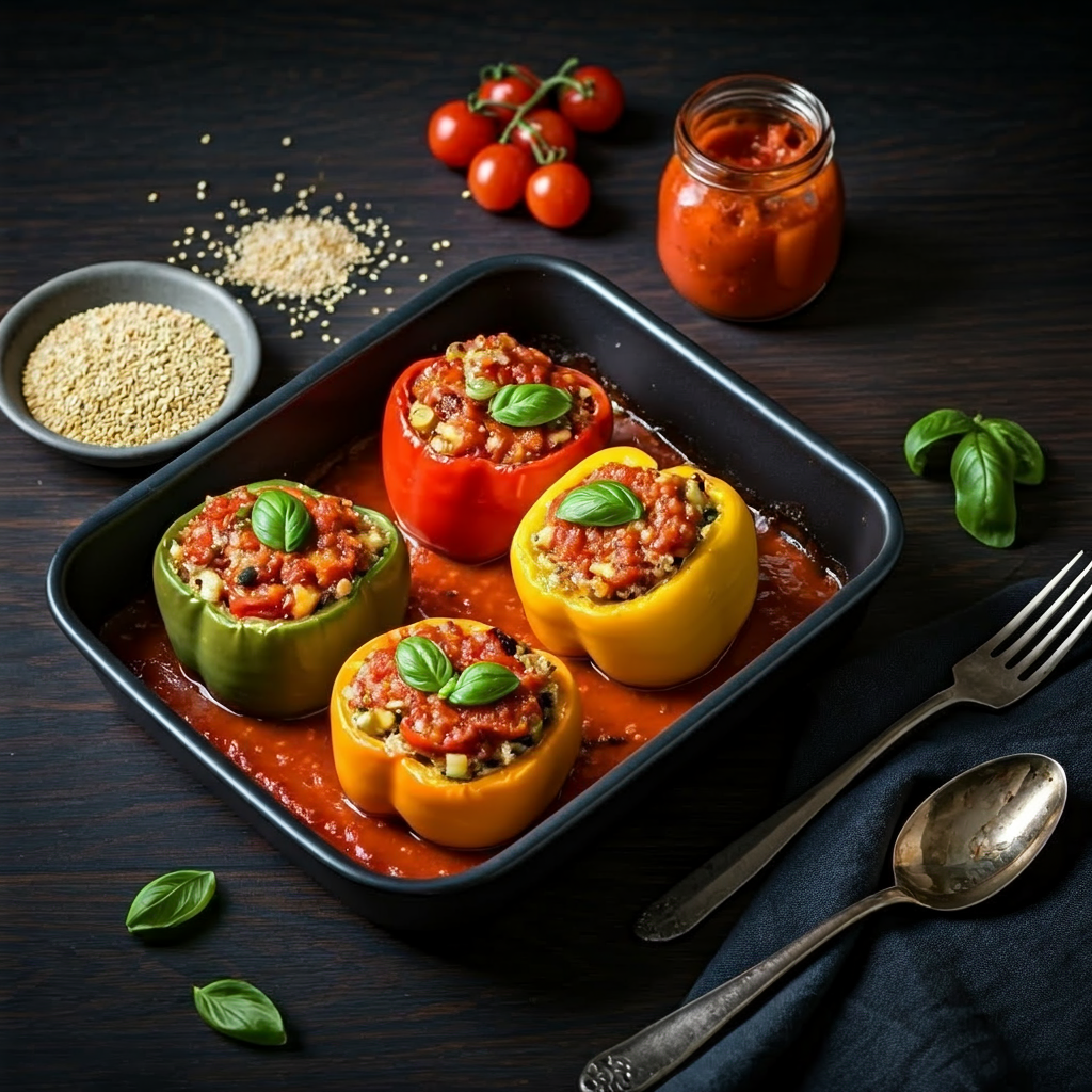 Quinoa-Stuffed Bell Peppers Tomato Basil Sauce